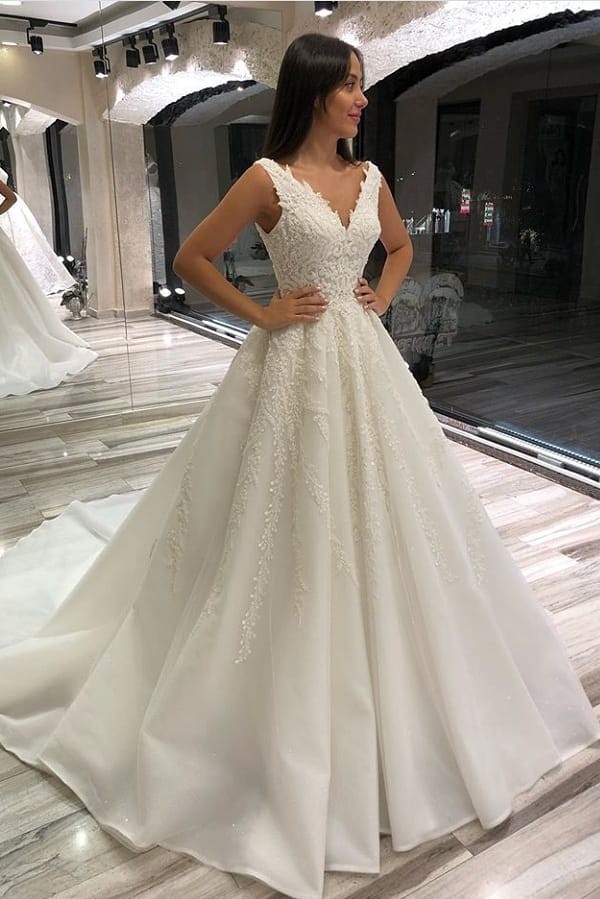 Beautiful Long A-line V-neck Sleeveless Satin Lace Wedding Dress - YESBABYONLINE