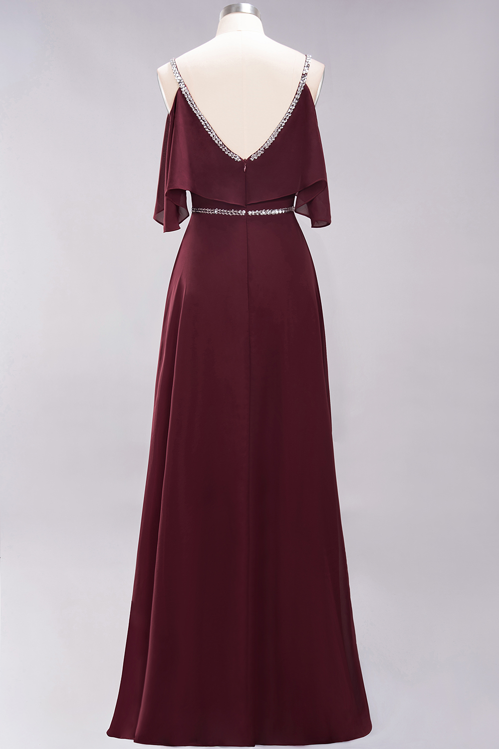 Elegant A-line V-Neck Spaghetti Straps Sleeveless Floor-Length Bridesmaid Dresses with Beading Sash - YESBABYONLINE