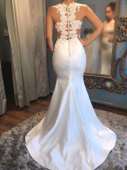 White Long Mermaid Sleeveless Applique Lace Satin Wedding Dresses - YESBABYONLINE