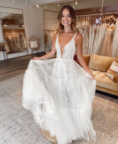 Simple Long Straps V Neck Applique Lace Tulle A Line Wedding Dresses - YESBABYONLINE
