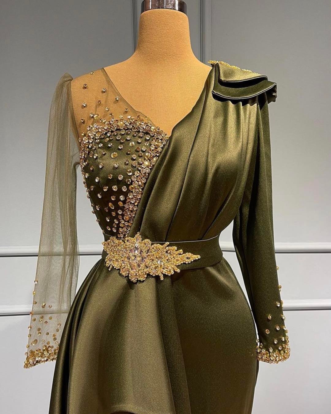 Classy V-neck Long Sleeves Beading Mermaid Prom Dress - YESBABYONLINE