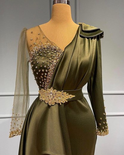 Classy V-neck Long Sleeves Beading Mermaid Prom Dress - YESBABYONLINE
