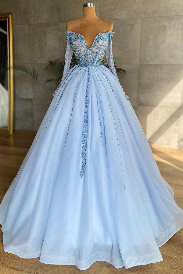Long Sweetheart Tulle Appliques Lace A-Line Prom Dress with Sleeves - YESBABYONLINE