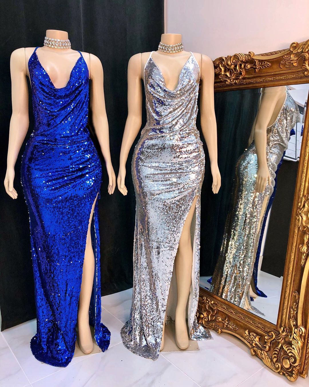 Long Mermaid V-neck Spaghetti Straps Sequined Prom Dresses with High Slit - YESBABYONLINE