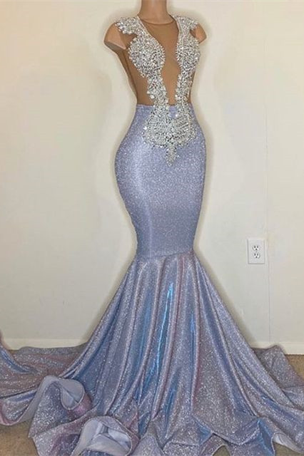 Sexy Long Mermaid Tulle Lace Sequins Sleeveless Prom Dress - YESBABYONLINE