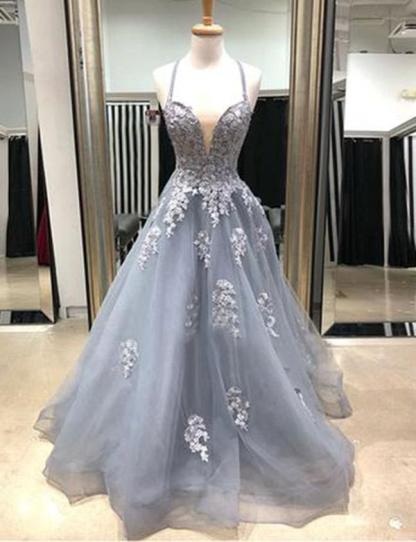 Glamorous Long A-line Appliques Lace Spaghetti Straps Tulle Lace Prom Dress - YESBABYONLINE