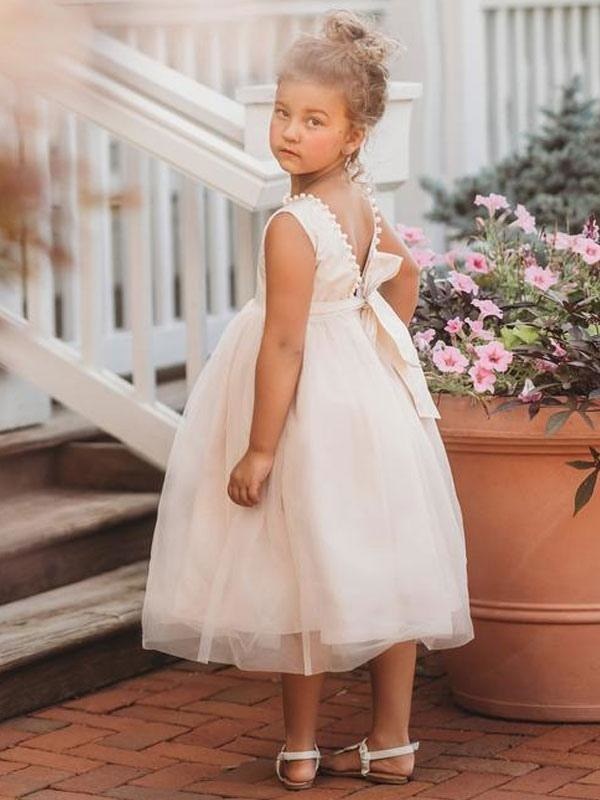 Ivory Satin Tulle Sleeveless Flower Girl Dress Formal Kids Dress for Party - YESBABYONLINE