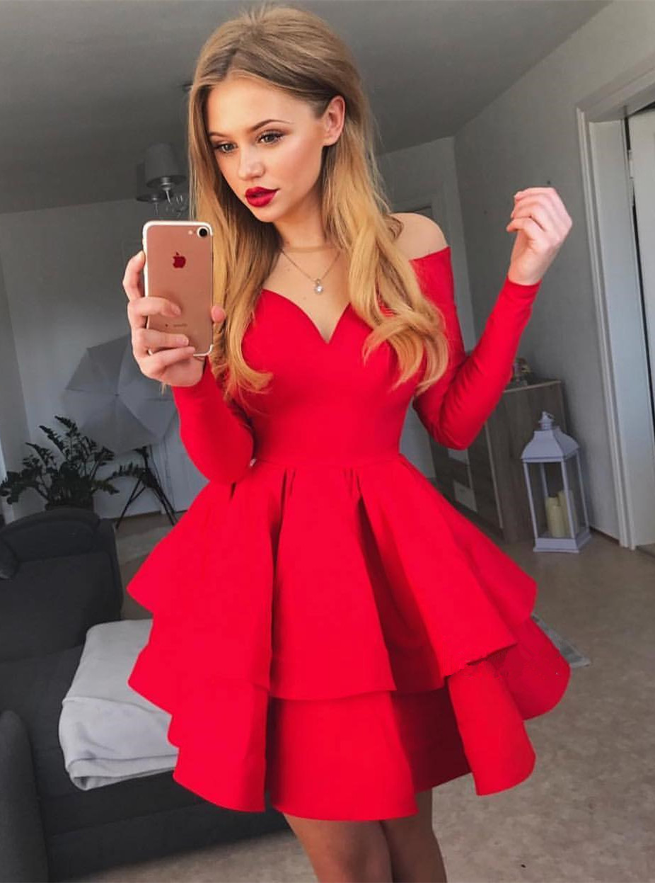 Red Short A-line V-neck Ruffled Satin Prom Homecoming Dress with Sleeves - YESBABYONLINE