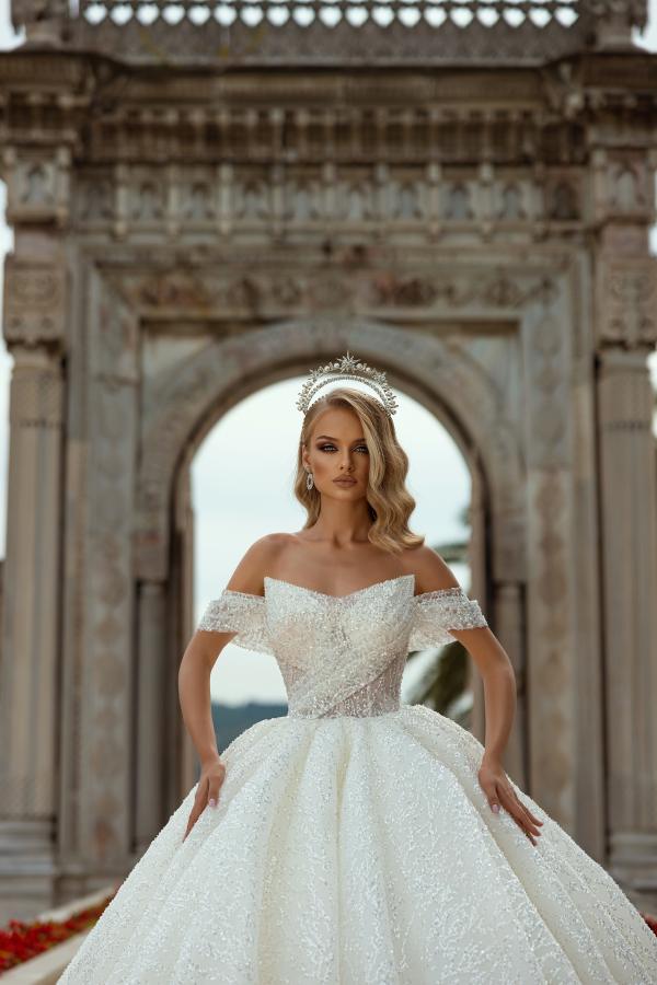 Gorgeous Long Ball Gown Off the Shoulder Sequined Wedding Dress - YESBABYONLINE