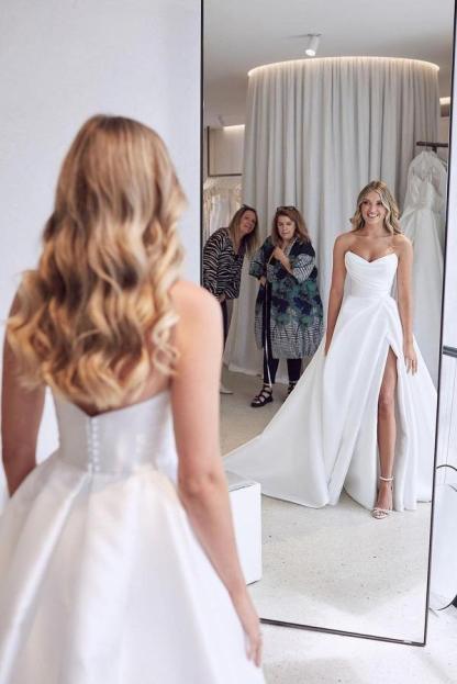 Stunning Long A-Line Sweetheart Satin Floor-length Wedding Dress With Side Slit - YESBABYONLINE