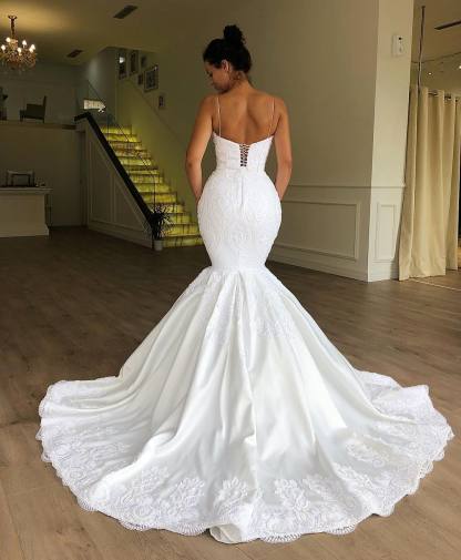 Gorgeous Long Mermaid Spaghetti Straps Sleeveless Lace Satin Wedding Dress - YESBABYONLINE