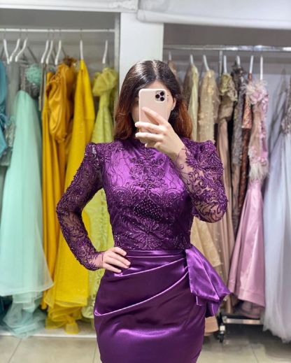Long Sleeves Mermaid Ruffles Appliques Lace Satin Prom Dresses - YESBABYONLINE