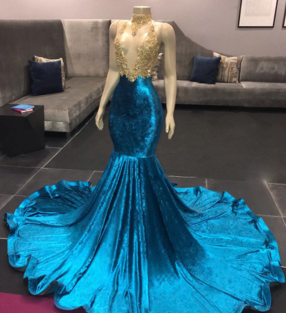 Long Spaghetti Straps V-neck Appliques Lace Mermaid Velvet Prom Dresses - YESBABYONLINE
