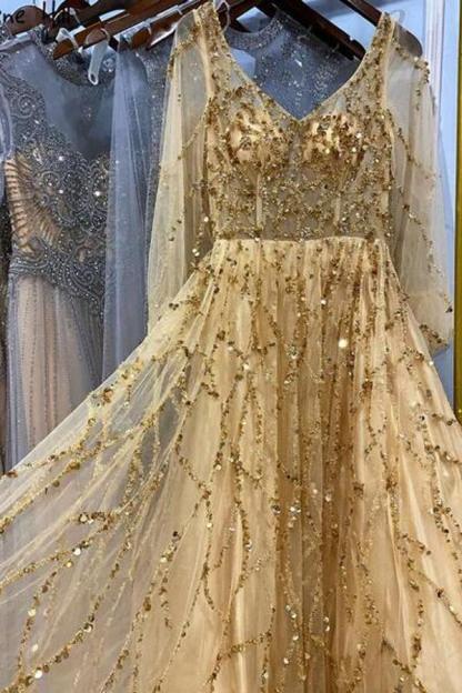 Long A-line V-Neck Floor Length Tulle Lace Formal Prom Dress with Sleeves - YESBABYONLINE