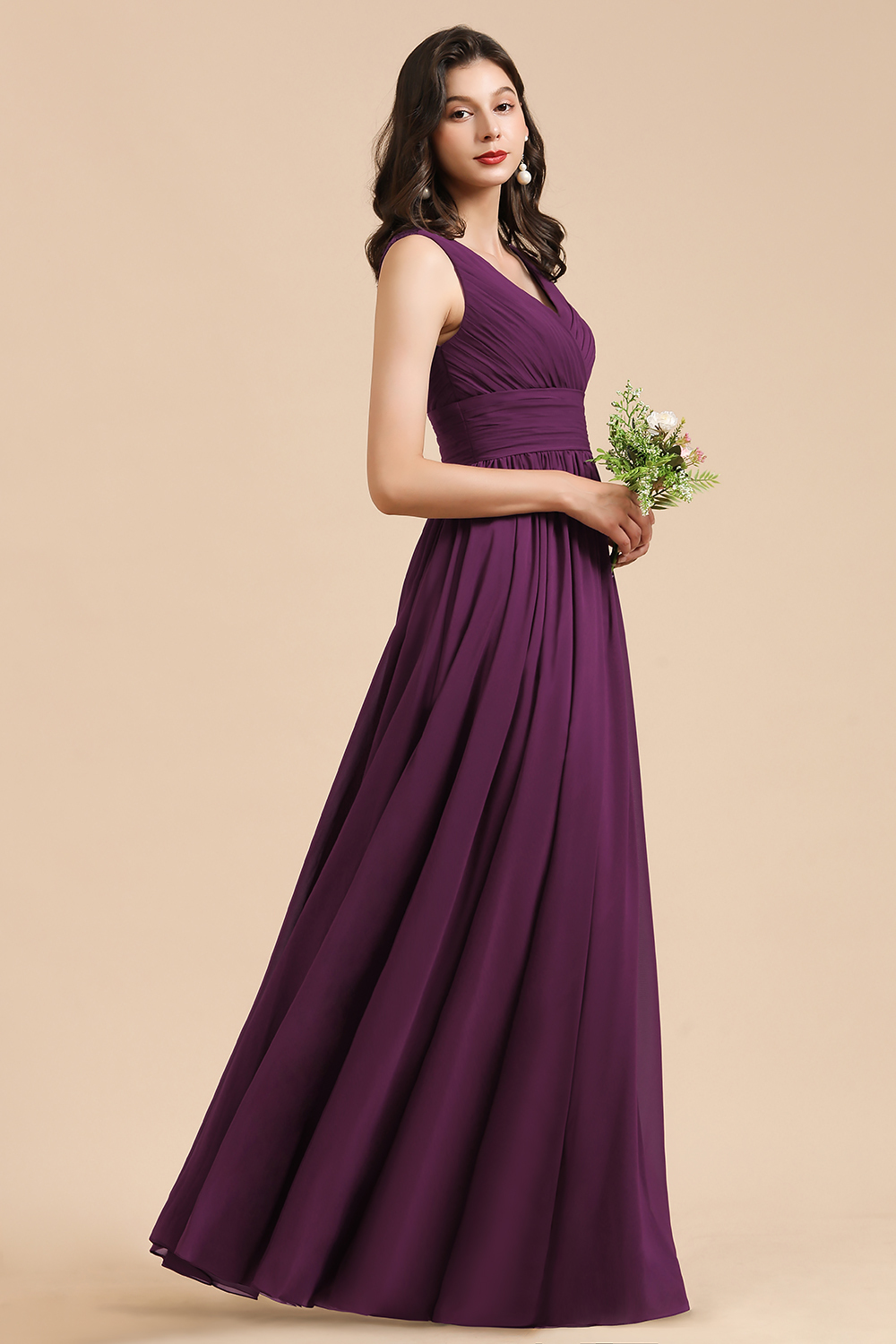 Elegant Long V Neck A Line Floor Length Chiffon Bridesmaid Dresses - YESBABYONLINE
