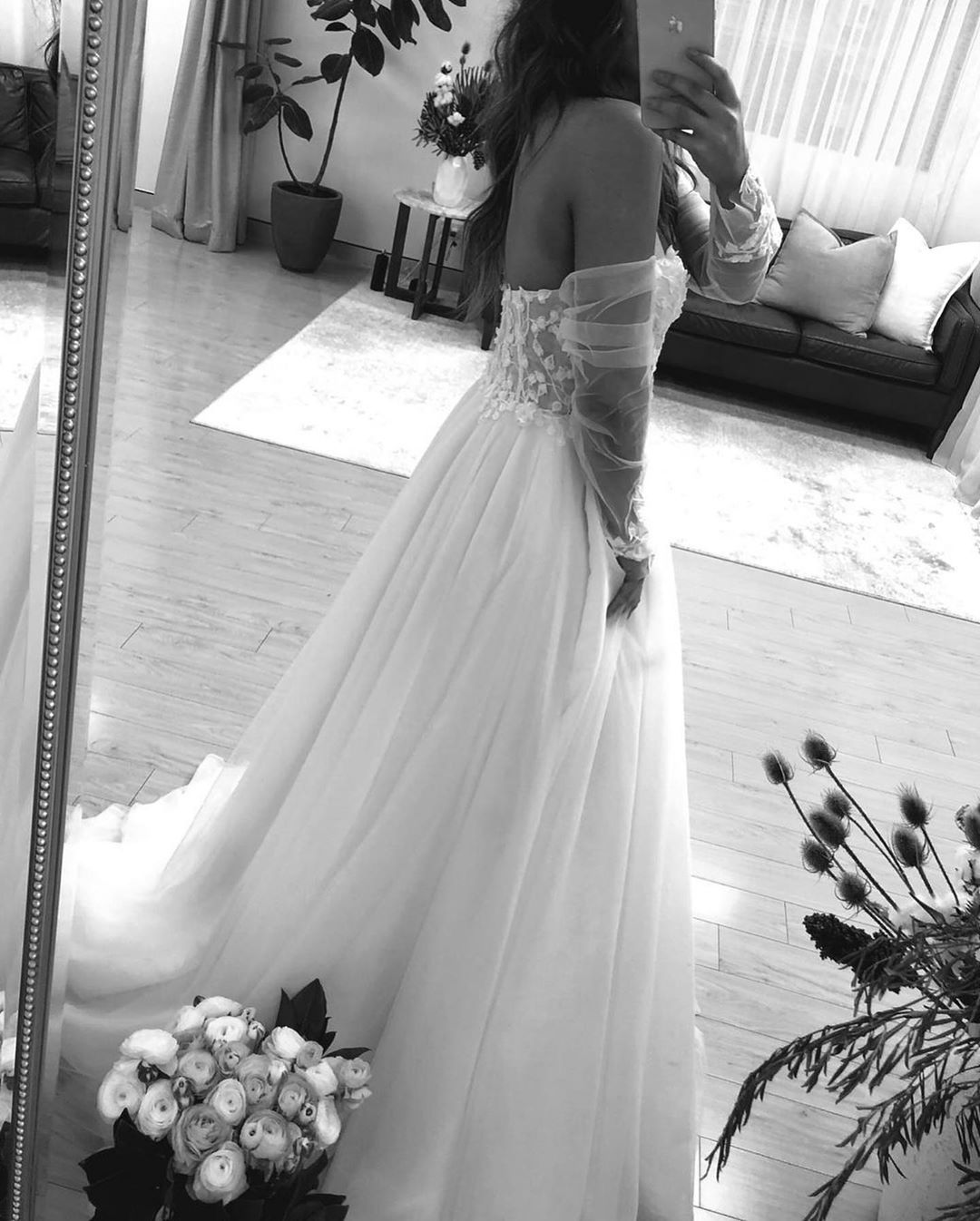 Long Off The Shoulder Backless Applique Lace Tulle A Line Wedding Dresses - YESBABYONLINE