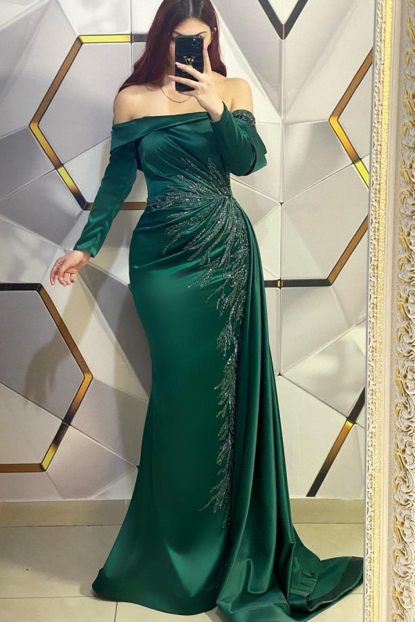 Dark Green Long Sleeves Mermaid Off the Shoulder Satin Prom Dress with Ruffles - YESBABYONLINE