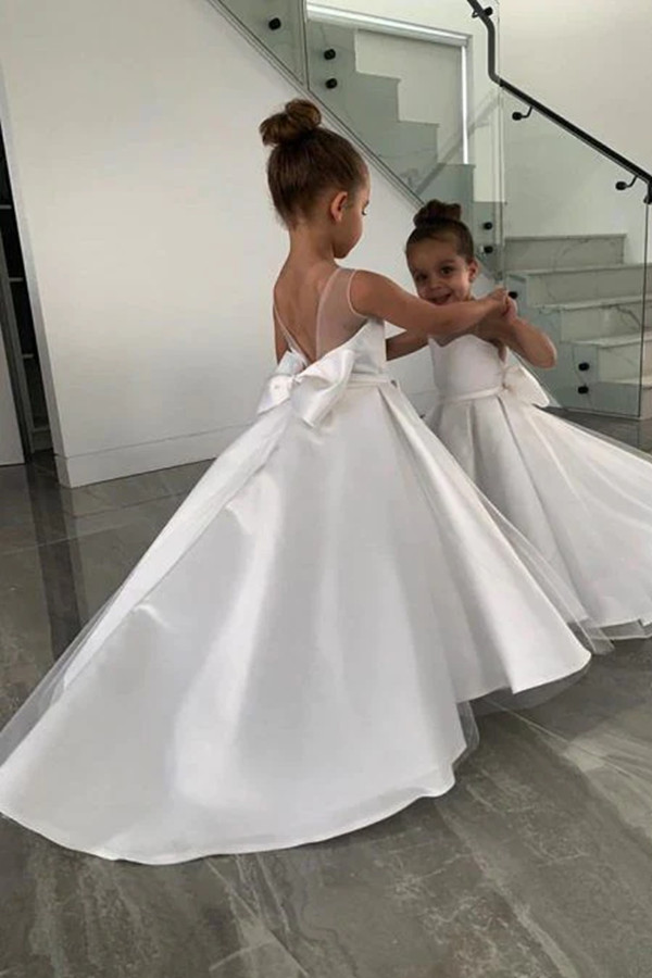 White Long Sleeves Satin Tulle Floor Length Satin Flower Girl Dress with Bow - YESBABYONLINE
