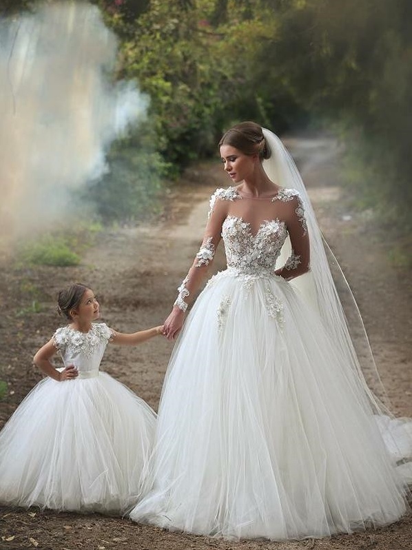 Long Ball Gown Tulle Lace  Floor Length Wedding Dresses with Sleeves - YESBABYONLINE