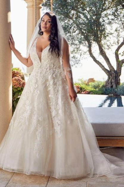 Glamorous Long A Line Sleeveless V Neck Tulle Lace Wedding Dresses - YESBABYONLINE