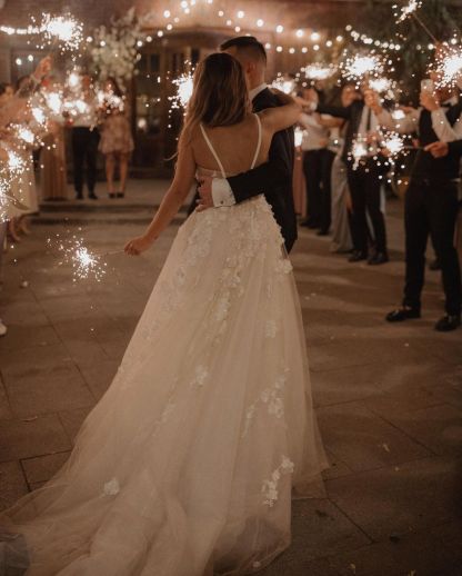 Long A-Line V-neck Spaghetti Straps Floor-length Wedding Dress With Appliques - YESBABYONLINE