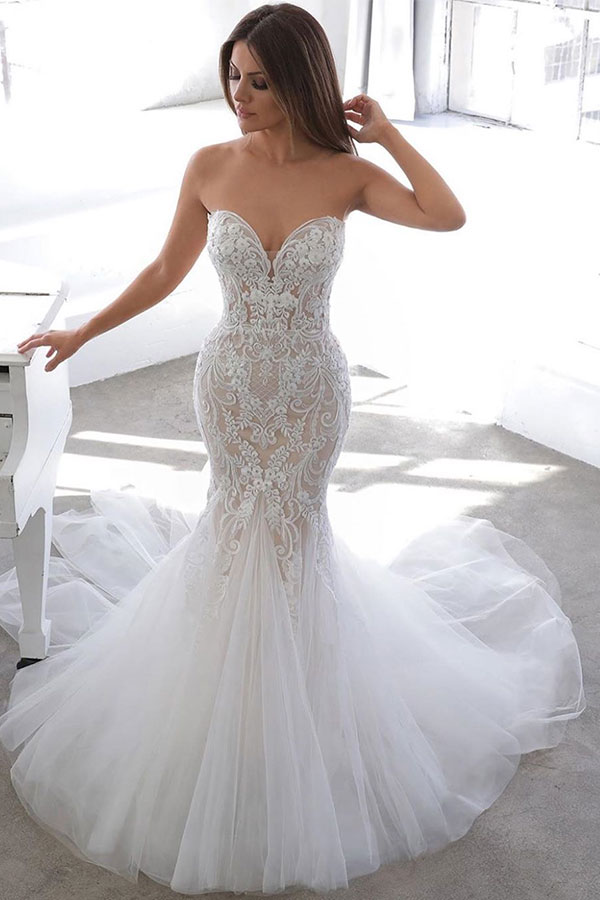 Sexy Long Mermaid Sweetheart Tulle Backless Applique Lace Wedding Dress - YESBABYONLINE