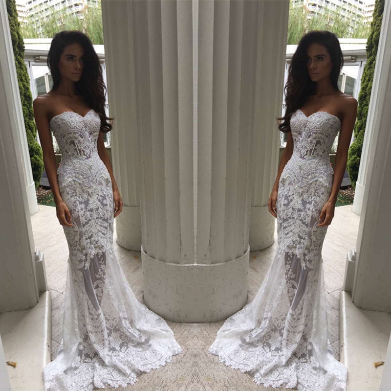 Long Sweetheart White Tulle Mermaid Lace Appliques Wedding Dresses - YESBABYONLINE