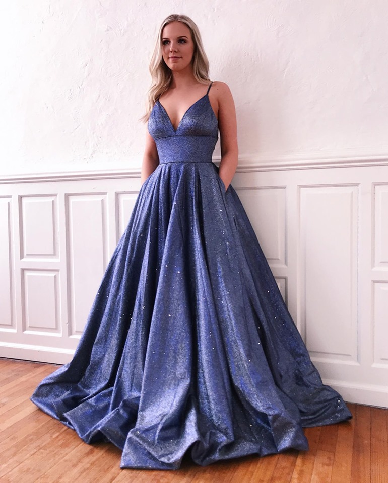 Long V-neck A-line  Spaghetti Straps Backless Prom Dresses with Pockets - YESBABYONLINE