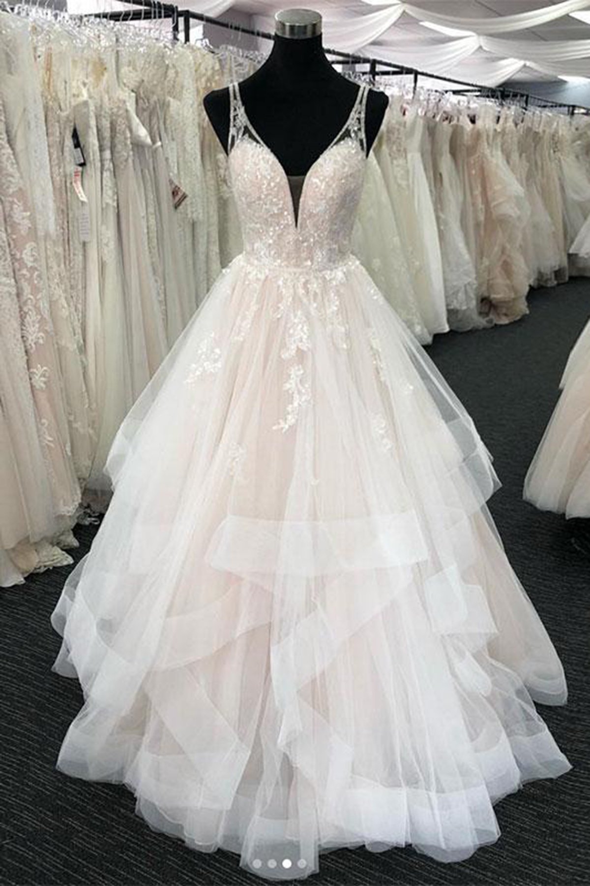 Chic Long V-Neck A-Line Sleeveless Floor length Tulle Wedding Dress with Ruffles - YESBABYONLINE