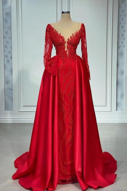 Charming Red Long V-neck A-Line Satin Lace Prom Dress with Sleeves - YESBABYONLINE
