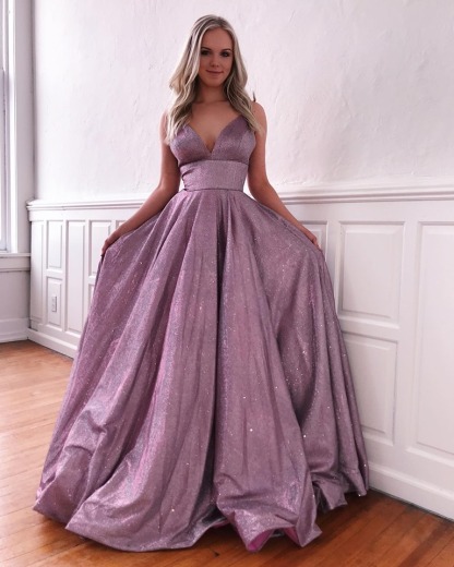 Long V-neck A-line  Spaghetti Straps Backless Prom Dresses with Pockets - YESBABYONLINE