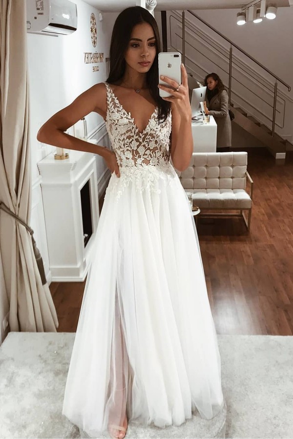 Long Straps V Neck Applique Lace V-neck Tulle Floor Length A Line Wedding Dresses - YESBABYONLINE