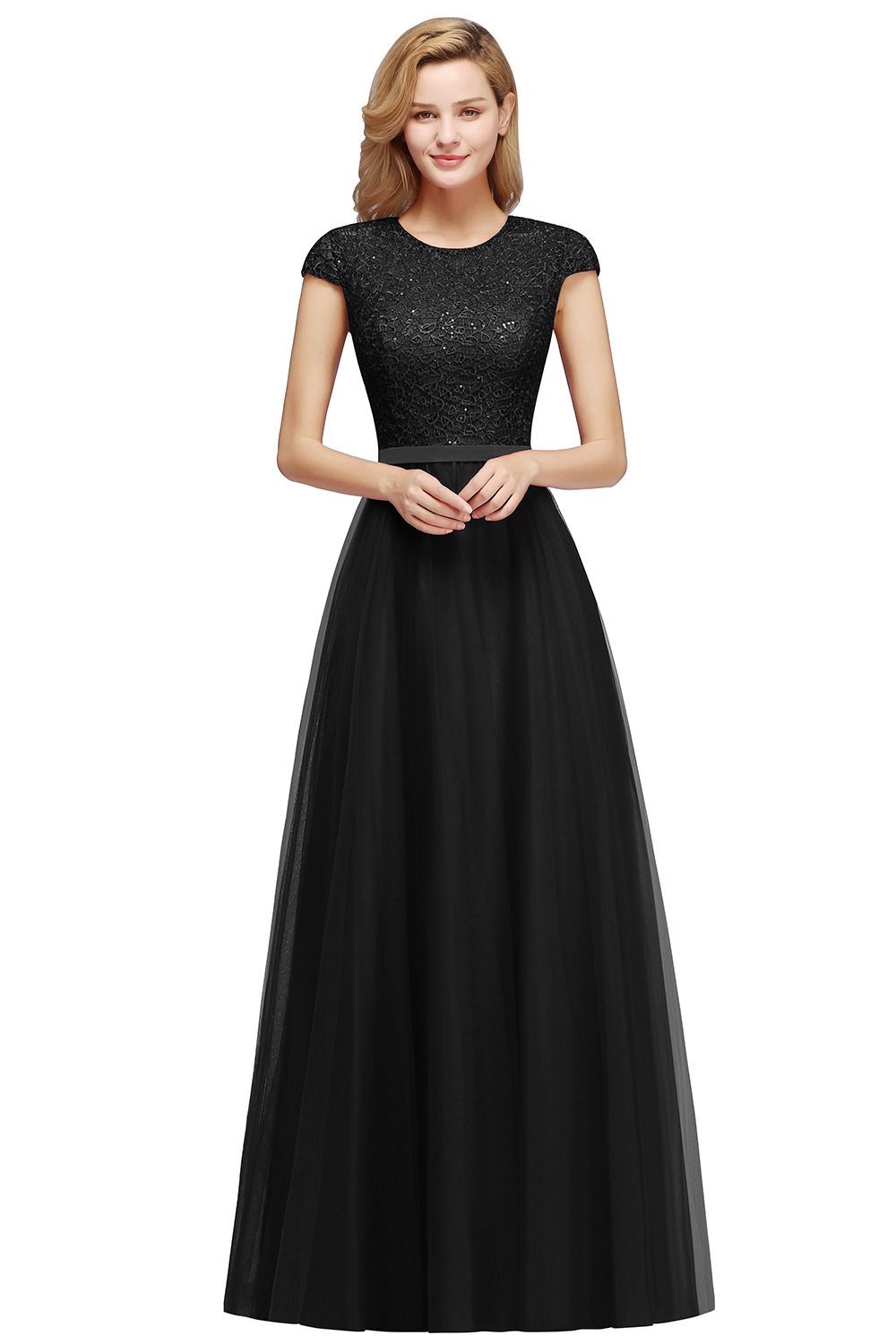 Long A-line Tulle Lace Bridesmaid Dress with Cap Sleeves - YESBABYONLINE