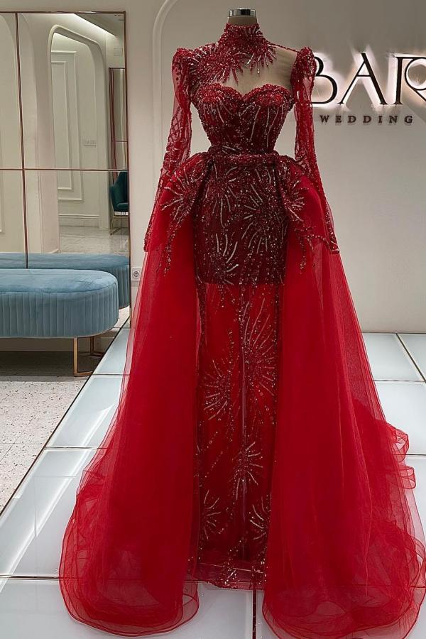 High Neck Long Sleeve Red Mermaid Appliques Prom Dress with Detachable Train