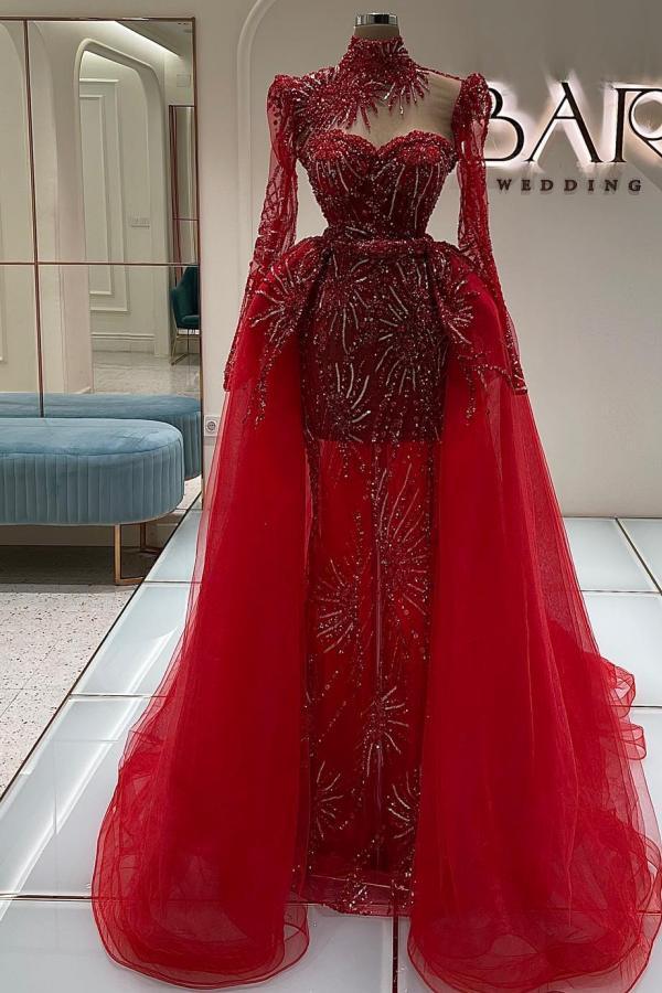 High Neck Long Sleeve Red Mermaid Appliques Prom Dress with Detachable Train