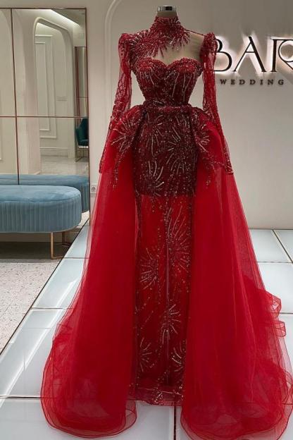 High Neck Long Sleeve Red Mermaid Appliques Prom Dress with Detachable Train