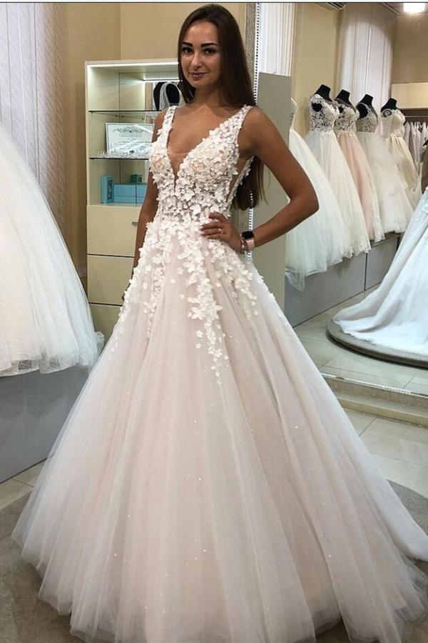 Long A line V Neck Sleeveless Tulle Wedding Dresses With Lace Appliques - YESBABYONLINE