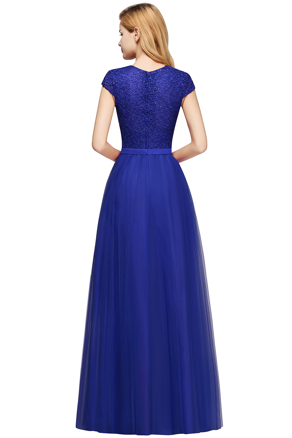 Long A-line Tulle Lace Bridesmaid Dress with Cap Sleeves - YESBABYONLINE