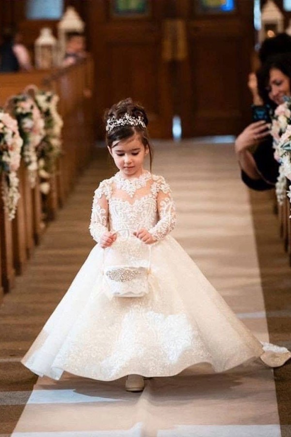 Princess A-line Sweep Train Lace Flower Girl Dresses with Long Sleeves - YESBABYONLINE