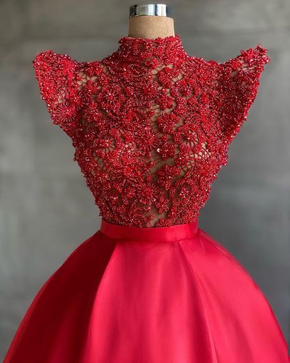 Chic Red Long A-line High Neck Lace Satin Prom Dress - YESBABYONLINE