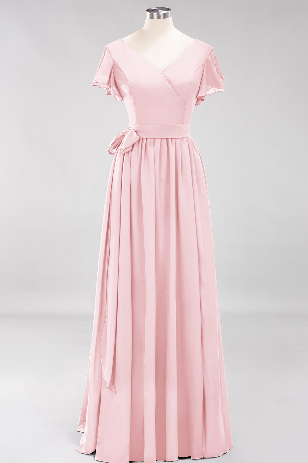 Elegant A-line V-Neck Short Sleeves Floor-Length Bridesmaid Dresses with Bow Sash - YESBABYONLINE