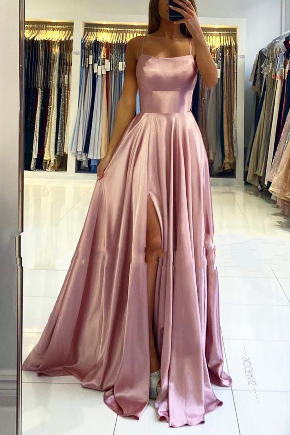 Simple Long A-line Spaghetti Straps Backless Floor-length Prom Dresses with Slit - YESBABYONLINE