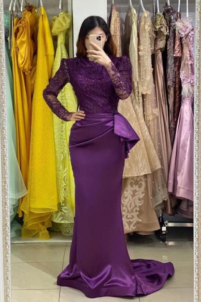 Long Sleeves Mermaid Ruffles Appliques Lace Satin Prom Dresses - YESBABYONLINE