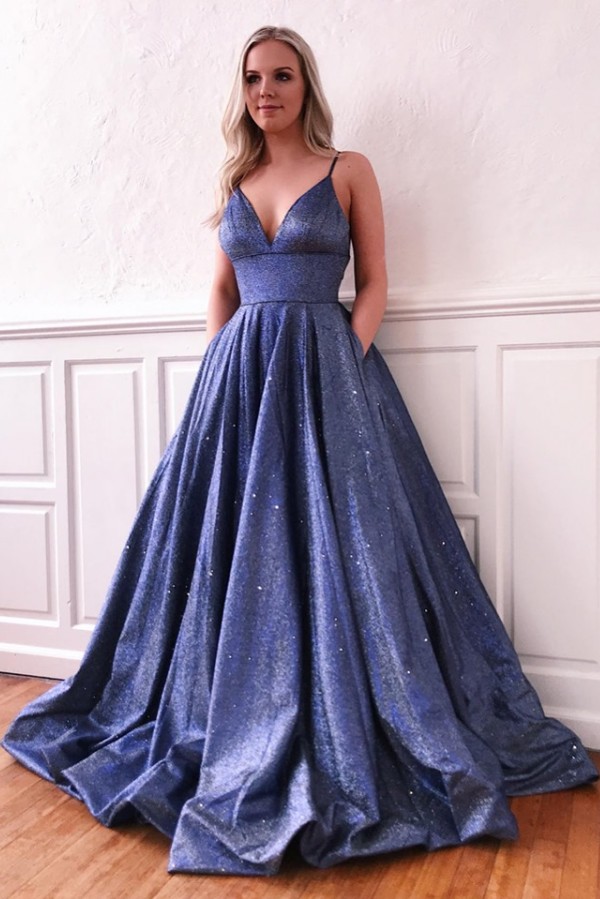 Long V-neck A-line  Spaghetti Straps Backless Prom Dresses with Pockets - YESBABYONLINE