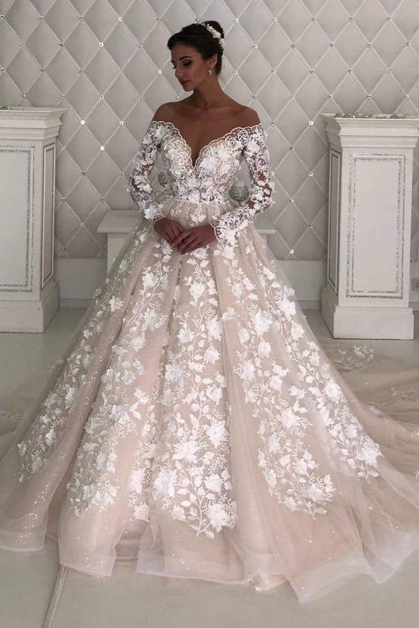 Elegant Long Off The Shoulder Tulle Lace A-Line Wedding Dresses with Sleeves - YESBABYONLINE