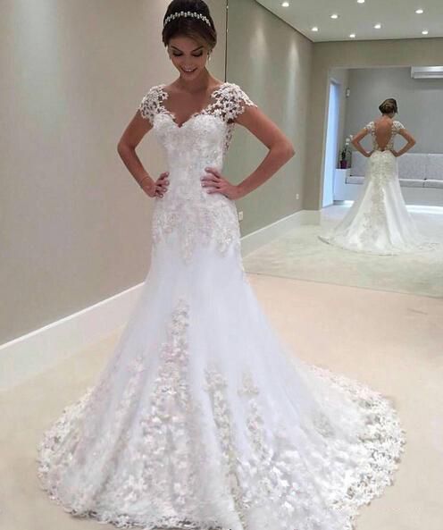 White Long Mermaid Sweetheart Appliques Lace Backless Wedding Dress - YESBABYONLINE
