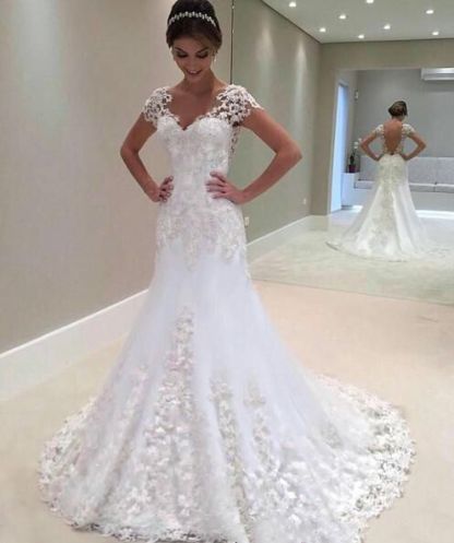 White Long Mermaid Sweetheart Appliques Lace Backless Wedding Dress - YESBABYONLINE