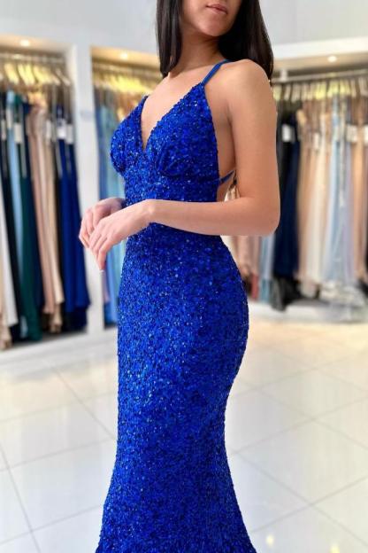 Chic Royal Blue Long Mermaid Sleeveless V-neck Spaghetti Straps Backless Prom Dress - YESBABYONLINE