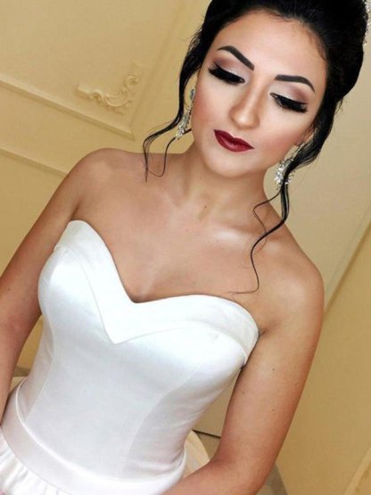 White Long Ball Gown Sweetheart Satin Sleeveless Wedding Dresses - YESBABYONLINE