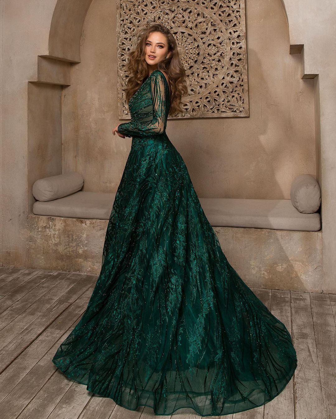 Elegant Dark Green Long A-line Satin Lace Ruffles Prom Dresses With Long Sleeves - YESBABYONLINE